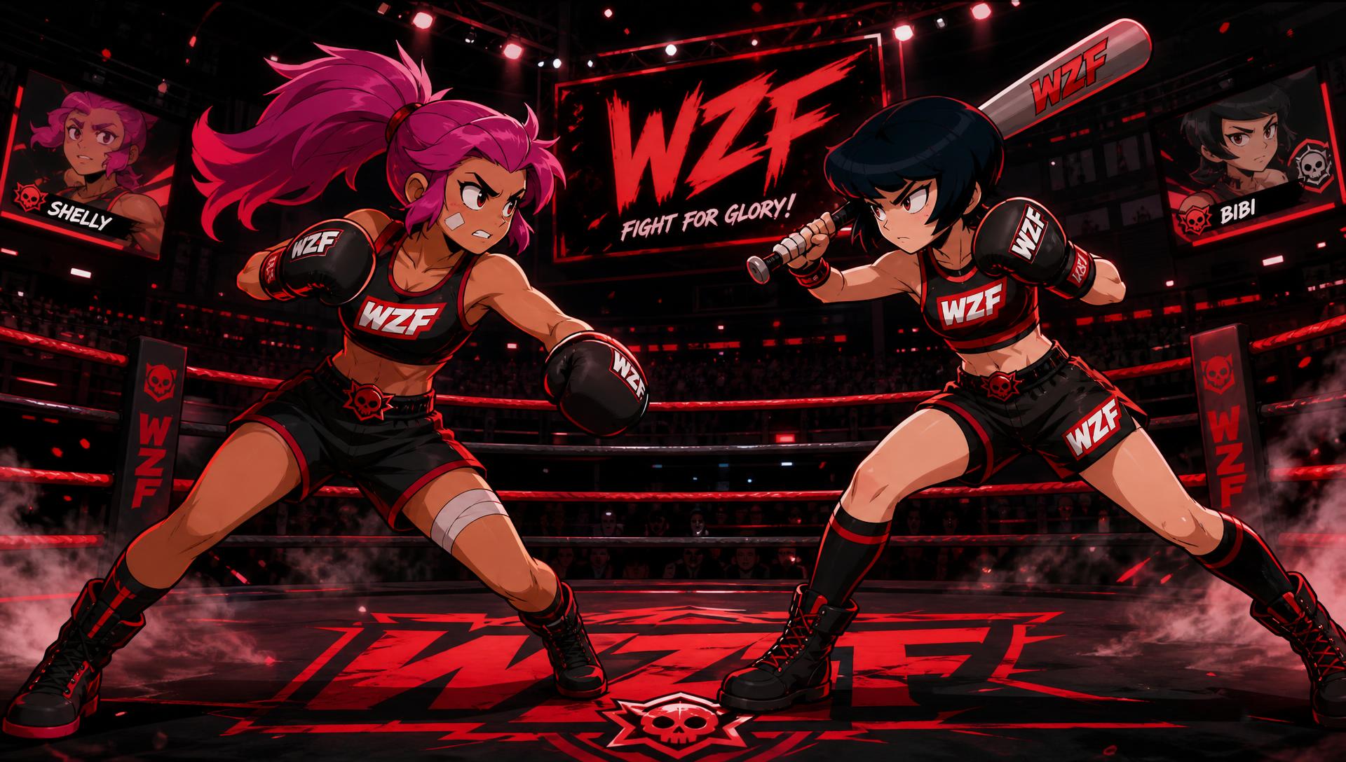 Two Brawl Stars brawlers boxing in a ring wearing WZF gear
